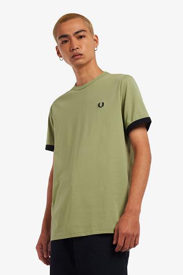 Olive Green Fred Perry Ringer Men's T Shirts | PH 1748PJJQ